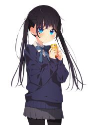 Rule 34 | 1girl, black hair, black pantyhose, blue bow, blue eyes, blue sweater, blush, bow, can, closed mouth, collared shirt, commentary request, cowboy shot, dress shirt, grey skirt, hands up, highres, holding, holding can, long hair, long sleeves, looking at viewer, mamyouda, original, pantyhose, pleated skirt, shirt, sidelocks, simple background, skirt, sleeves past wrists, solo, standing, sweater, twintails, white background, white shirt