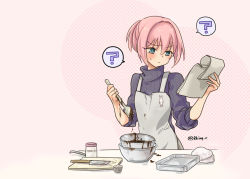 Rule 34 | 1girl, ?, alternate costume, apron, blue eyes, bowl, chocolate, commentary request, cutting board, grey apron, grey sweater, kantai collection, knife, paper, pink hair, polka dot, polka dot background, ponytail, r-king, reading, ribbed sweater, shiranui (kancolle), short hair, solo, spatula, spoken question mark, sweater, twitter username
