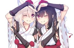 Rule 34 | 2girls, ;), animal ears, arm up, black hair, bridal gauntlets, closed mouth, commentary request, hair between eyes, hat, inubashiri momiji, kourindou tengu costume, long hair, looking at viewer, multiple girls, one eye closed, pointy ears, pom pom (cheerleading), pom pom (clothes), red eyes, red headwear, ribbon-trimmed sleeves, ribbon trim, shameimaru aya, simple background, smile, suga hideo, tokin hat, touhou, upper body, v-shaped eyebrows, white background, white hair, wide sleeves, wolf ears