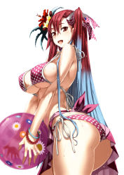 Rule 34 | 00s, 10s, 1girl, absurdres, arched back, ass, ball, bangle, beachball, bikini, blue hair, bracelet, breasts, brown eyes, cloud, flower, gradient hair, hair flower, hair ornament, hair ribbon, highres, holding, honjou raita, jewelry, large breasts, long hair, looking at viewer, multicolored hair, open mouth, polka dot, polka dot bikini, polka dot swimsuit, red eyes, red hair, ribbon, riela marcellis, scan, see-through, senjou no valkyria, senjou no valkyria (series), senjou no valkyria 3, side-tie bikini bottom, side ponytail, sideboob, silver hair, simple background, skindentation, sky, smile, solo, strap gap, swimsuit, two-tone hair, underboob, wet, white background