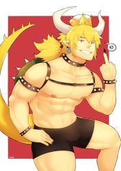 Rule 34 | 1boy, abs, absurdres, armlet, bara, black collar, black male underwear, black tank top, blonde hair, bowsette, boxers, bracelet, bulge, chest harness, collar, earrings, feet out of frame, fingernails, forked eyebrows, fujimachine (clayten), genderswap, genderswap (ftm), grin, harness, highres, horns, jewelry, long hair, male focus, male underwear, mario (series), middle finger, muscular, muscular male, navel, new super mario bros. u deluxe, nintendo, nipples, no shirt, outside border, pectorals, personification, pointy ears, recursive genderswap, red background, sharp fingernails, sidepec, smile, solo, spiked armlet, spiked bracelet, spiked collar, spiked shell, spiked tail, spikes, stomach, super crown, tail, tank top, thick eyebrows, thick thighs, thighs, topless male, turtle shell, underwear, underwear only