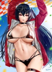 Rule 34 | 1girl, arms up, azur lane, bikini, black bikini, black choker, black hair, blue sky, checkered flag, choker, commentary request, confetti, crossed bangs, easonx, eyewear on head, flag, high collar, highleg, highleg bikini, highres, jacket, long hair, multi-strapped bikini bottom, multi-strapped bikini top, multiple straps, navel, official alternate costume, one side up, open clothes, open jacket, parted lips, race queen, red eyes, red jacket, revision, sky, solo, stomach, sunglasses, swimsuit, taihou (azur lane), taihou (enraptured companion) (azur lane), thigh strap, thighs, toned
