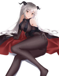 Rule 34 | 1girl, absurdres, aegir (azur lane), azur lane, bare shoulders, beijiushui, black cape, black gloves, black pantyhose, bodystocking, breast curtains, breasts, cape, cleavage, cross, cross-laced clothes, demon horns, gloves, hair on horn, hand on own ass, highres, horns, iron cross, large breasts, long hair, looking at viewer, multicolored hair, pantyhose, simple background, skin tight, solo, underbust, white background, white hair, yellow eyes