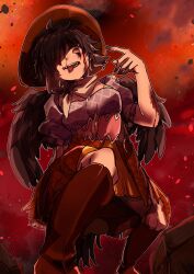 Rule 34 | 1girl, apapo, black hair, black wings, blood, blood on arm, blood on face, boots, breasts, brown dress, brown footwear, brown hair, brown hat, commentary request, cowboy hat, dress, feathered wings, frilled sleeves, frills, full body, hair between eyes, hair over one eye, hat, highres, kurokoma saki, looking at viewer, medium breasts, medium hair, multicolored clothes, multicolored dress, open mouth, patchwork clothes, purple dress, short sleeves, smile, solo, teeth, tongue, tongue out, touhou, wings