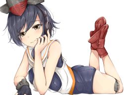 Rule 34 | 10s, 1girl, ass, asymmetrical hair, bare shoulders, blush, framed breasts, gloves, hair between eyes, hand on own cheek, hand on own face, hat, headgear, headphones, i-13 (kancolle), kantai collection, looking at viewer, lying, on stomach, partially fingerless gloves, rudder footwear, sailor collar, school swimsuit, short hair, single glove, smile, swimsuit, takumin (takumi415), white background