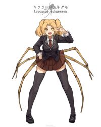 Rule 34 | 1girl, arthropod girl, arthropod limbs, artist name, blonde hair, brown jacket, bug, fang, full body, hand on own hip, heterochromia, insect girl, jacket, lansane, long sleeves, monster girl, necktie, open mouth, orange eyes, original, parted bangs, personification, pleated skirt, school uniform, serafuku, simple background, skirt, smile, solo, spider, spider girl, thighhighs, translation request, twintails, uniform, v, white background, yellow eyes, zettai ryouiki