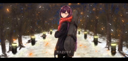 Rule 34 | 1girl, absurdres, alternate costume, black coat, black pants, blurry, blurry background, blush, breasts, character name, coat, cold, from behind, girls&#039; frontline, glint, hair ribbon, highres, huge filesize, jack9614, letterboxed, lights, long hair, looking at viewer, looking back, one side up, open clothes, open coat, open mouth, pants, pantyhose, purple hair, red eyes, red scarf, ribbon, scarf, scenery, snow, snowflake print, snowing, solo, tree, wa2000 (girls&#039; frontline), weapon bag