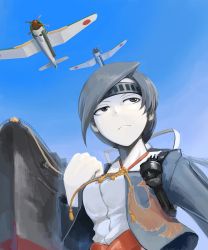 Rule 34 | 10s, 1girl, aircraft, airplane, black eyes, black hair, bomb, chitose (kancolle), clenched hand, explosive, headband, hetza (hellshock), japanese clothes, kantai collection, pale skin, personification, ship, solo, tassel, torpedo, turret, watercraft