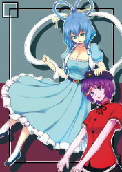 Rule 34 | 2girls, :d, black footwear, blue dress, blue eyes, blue hair, breasts, cabbie hat, chisel, cleavage, commentary, dress, flower, grey background, hair rings, hat, hat ornament, highres, kakone, kaku seiga, looking at another, miyako yoshika, multiple girls, ofuda, open mouth, outstretched arms, pink flower, purple background, purple hair, red shirt, shawl, shirt, short hair, short sleeves, smile, socks, star (symbol), star hat ornament, touhou, two-tone background, white socks