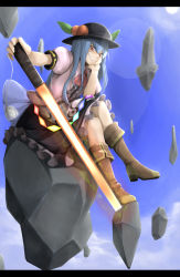 Rule 34 | 1girl, bad id, bad pixiv id, blouse, blue hair, boots, bored, cloud, crossed legs, day, female focus, floating, floating object, food, food-themed clothes, frills, fruit, hat, head rest, hinanawi tenshi, lens flare, letterboxed, long hair, looking at viewer, nakamura regura, peach, red eyes, rock, shirt, sitting, skirt, sky, solo, sword, sword of hisou, touhou, weapon