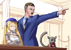 Rule 34 | 1boy, 1girl, absurdres, ace attorney, blonde hair, blue headwear, blue suit, brown eyes, brown hair, character request, commentary, courtroom, crossed arms, dokibird (vtuber), english commentary, formal, green eyes, hair ribbon, highres, indie virtual youtuber, khoaphan96, long hair, necktie, objection, open mouth, ribbon, senegal bushbaby, suit, tail, virtual youtuber