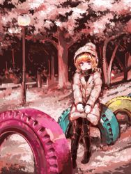 Rule 34 | 1girl, absurdres, black footwear, black pantyhose, blonde hair, boots, coat, commentary request, day, duffel coat, faux traditional media, hands on lap, head tilt, highres, knee boots, knit hat, lamppost, looking at viewer, maribel hearn, mittens, open mouth, outdoors, pantyhose, park, pink eyes, scarf, sitting, sitting on object, solo, tire, touhou, tree, wasabisuke, white mittens, winter clothes, winter coat