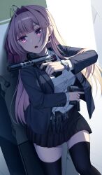 Rule 34 | 1girl, absurdres, ammunition pouch, angel ina, belt, black belt, black skirt, black thighhighs, blue jacket, bullet hole, buttons, character request, commentary request, day, dual wielding, gun, handgun, headband, highres, holding, holding gun, holding weapon, jacket, leaning back, long hair, magazine (weapon), open clothes, open jacket, open mouth, original, pink eyes, pink hair, pleated skirt, pouch, purple headband, ruger mark iv, shirt, skirt, solo, standing, thighhighs, watch, weapon, white shirt, wristwatch
