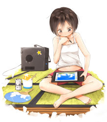 Rule 34 | 1girl, alcohol, bad id, bad pixiv id, barefoot, beer, brand name imitation, brown eyes, brown hair, computer, drawing tablet, food, hand fan, highres, indian style, indoors, legs, minamito, navel, original, paper fan, shaved ice, short hair, shorts, sitting, solo, stylus, tablet pc, tatami, uchiwa