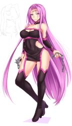 Rule 34 | 1girl, akitsuki karasu, black thighhighs, boots, breasts, collar, curvy, dress, elbow gloves, facial mark, fate/stay night, fate (series), forehead mark, gloves, highres, large breasts, long hair, looking at viewer, medusa (fate), medusa (rider) (fate), medusa (rider) (third ascension) (fate), purple hair, rectangular pupils, sleeveless, smile, solo, strapless, strapless dress, thigh boots, thighhighs, very long hair