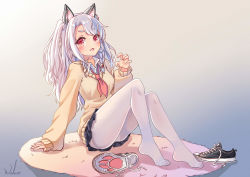 Rule 34 | 1girl, :d, absurdres, alternate costume, animal ears, azur lane, black footwear, black skirt, blush, braid, breasts, carpet, claw pose, collared shirt, converse, eyelashes, fake animal ears, fang, feet, full body, gradient background, grey background, hair ornament, highres, knees up, long sleeves, looking at viewer, mechanical ears, medium breasts, miniskirt, one side up, open mouth, pantyhose, pleated skirt, red eyes, shirt, shoes, unworn shoes, side braid, sitting, skirt, sleeves past wrists, slit pupils, smile, sneakers, solo, sweater, tareme, thick eyebrows, toes, white pantyhose, wing collar, wolf ears, wuhuo, yellow sweater, yuudachi (azur lane)