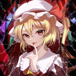 Rule 34 | 1girl, absurdres, ascot, blonde hair, blood on mouth, crystal, dress, fang, flandre scarlet, hat, highres, kkkkari, medium hair, red dress, red eyes, red nails, side ponytail, slit pupils, solo, touhou, upper body, yellow ascot