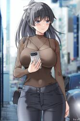 1girl abe_mikiko_(rc_f) artist_name black_car black_hair black_pants blue_eyes blush borrowed_character breasts car carrying_over_shoulder casual cellphone collarbone covered_navel hair_ribbon highres keenh large_breasts leather leather_pants long_hair looking_to_the_side motor_vehicle original pants phone ponytail ribbon see-through_clothes see-through_sleeves sleeves_past_elbows smartphone smile solo toyota_supra toyota_supra_mk_v white_ribbon