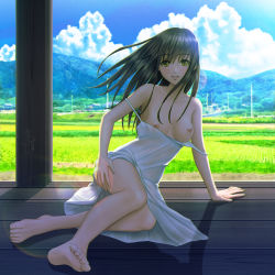 Rule 34 | 1girl, absurdres, ai ai gasa, arm support, backlighting, barefoot, blue sky, blurry, bokeh, breasts, brown hair, clothes lift, clothes pull, cloud, cloudy sky, collarbone, commentary, depth of field, dress, dress lift, dress pull, field, floating hair, hand on own thigh, highres, indoors, kisugizumi, legs together, long hair, looking at viewer, medium breasts, mountain, navel, nipples, original, parted lips, raised eyebrows, rural, see-through, shadow, sitting, sky, smile, solo, strap slip, summer, sundress, utility pole, veranda, white dress, wind, yellow eyes, yokozuwari