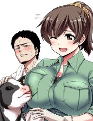Rule 34 | 1boy, 1girl, black hair, blush, breast pocket, breasts, brown eyes, brown hair, cow, flying sweatdrops, gloves, hair ornament, hair scrunchie, highres, jumpsuit, kanno takanori, large breasts, licking, one eye closed, open mouth, original, headpat, pocket, ponytail, scrunchie, simple background, tongue, tongue out, towel, towel around neck, white background, white gloves, wince