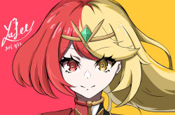 Rule 34 | 2girls, blonde hair, circlet, colored eyelashes, commentary request, dated, fusion, gem, highres, long hair, looking at viewer, multiple girls, mythra (xenoblade), parted bangs, pyra (xenoblade), red eyes, red hair, shadow, short hair, sidelocks, signature, simple background, smile, split screen, two-tone background, upper body, xenoblade chronicles (series), xenoblade chronicles 2, yellow eyes, yu fee52