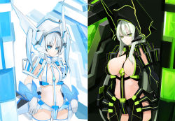 Rule 34 | 1boy, 1girl, blue eyes, breasts, gloves, green eyes, large breasts, long hair, original, pupps, smile, trap, twintails, white hair