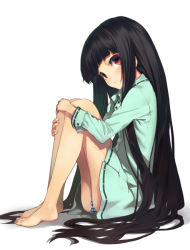 Rule 34 | 1girl, bare legs, barefoot, black hair, long hair, original, panties, red eyes, shirabi, simple background, solo, striped clothes, striped panties, underwear, very long hair, white background