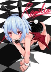 Rule 34 | 1girl, all fours, animal ears, bad id, bad pixiv id, bat wings, blue hair, blush, character name, checkered floor, fake animal ears, high heels, leotard, looking at viewer, nyt (nagane), playboy bunny, pointy ears, rabbit ears, rabbit tail, red eyes, remilia scarlet, solo, tail, tile floor, tiles, touhou, wings, wrist cuffs