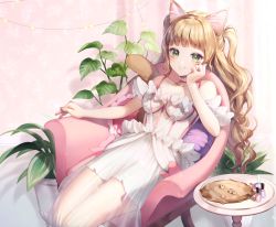 Rule 34 | 1girl, animal ear fluff, animal ears, armchair, blonde hair, blush, bow, breasts, cable, cat ears, cat girl, chair, cushion, dress, unworn earring, feet out of frame, frills, green eyes, halterneck, hand on own cheek, hand on own face, head rest, jewelry, unworn jewelry, long hair, looking at viewer, medium breasts, momoshiki tsubaki, nail polish, nail polish bottle, original, pillar, pink bow, pink nails, plant, plate, potted plant, see-through, sitting, smile, solo, table, two side up, wallpaper (object), wavy hair, whiskers, white dress