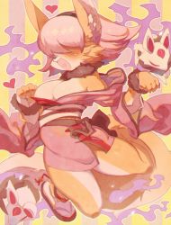 Rule 34 | 1girl, animal ears, bad id, bad pixiv id, breasts, cleavage, clenched hand, fox ears, fox tail, furry, furry female, hair over eyes, heart, heart in mouth, japanese clothes, kitsune, kyuubi, large breasts, multiple tails, off shoulder, open mouth, pink hair, rikose, sandals, scanlines, solo, striped, striped background, tail