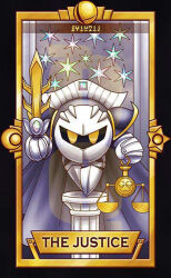 Rule 34 | balance scale, black border, blue cape, border, cape, commentary, crescent, english commentary, galactic nova, galaxia (sword), gloves, holding, holding scale, holding sword, holding weapon, indoors, justice (tarot), kirby (series), limited palette, meta knight, nintendo, no humans, pillar, quas-quas, sabaton, shoulder pads, solid oval eyes, solo, star (symbol), super smash bros., sword, tarot, weapon, weighing scale, white footwear, white gloves, white mask, white veil, yellow eyes