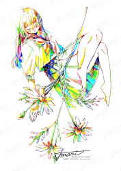 Rule 34 | 1girl, artist name, barefoot, closed eyes, closed mouth, colorful, daisy, facing viewer, flower, from side, full body, hair over one eye, hatching (texture), highres, long hair, neckerchief, original, oversized flower, plant, pleated skirt, redrawn, sailor collar, school uniform, serafuku, short sleeves, signature, simple background, skirt, solo, traditional media, watanabe tomari, watermark, white background