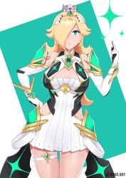 Rule 34 | 1girl, absurdres, aegis sword (xenoblade), bare legs, bare shoulders, blonde hair, blue eyes, blush, breasts, breasts apart, chest jewel, cleavage cutout, clothing cutout, cosplay, dress, earrings, elbow gloves, gem, gloves, headpiece, highres, jewelry, kaos art, large breasts, long hair, looking at viewer, mario (series), mythra (xenoblade), mythra (xenoblade) (cosplay), nintendo, rosalina, short dress, skindentation, solo, super mario galaxy, super smash bros., swept bangs, thigh strap, tiara, very long hair, white dress, white footwear, white gloves, xenoblade chronicles (series), xenoblade chronicles 2, yellow eyes