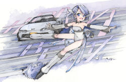 Rule 34 | 1girl, beat (hi fumiyo), blue eyes, blue hair, breasts, cable, cable tail, car, collarbone, convertible, covered navel, detached sleeves, grey footwear, grey leotard, hair behind ear, hi fumiyo, highres, honda, honda beat, inline skates, leotard, looking at viewer, mechanical tail, motor vehicle, open hands, open mouth, original, personification, roller skates, short hair, skates, skating, sleeves past wrists, small breasts, smile, smoke, solo, sports car, tail, traditional media, vehicle and personification, vehicle name