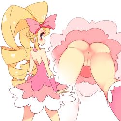 Rule 34 | 1girl, anus, ass, bare shoulders, blonde hair, blue eyes, blush, bow, commentary, dress, drill hair, earrings, english commentary, from below, hair bow, harime nui, jewelry, kill la kill, kneehighs, large bow, long hair, multiple views, no panties, pink bow, pink dress, pink socks, pussy, rtil, simple background, single kneehigh, single sock, smile, socks, strapless, strapless dress, twin drills, twintails, uncensored, upskirt, white background