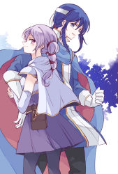 Rule 34 | 1boy, 1girl, blue eyes, blue hair, cape, capelet, elbow gloves, fire emblem, fire emblem: genealogy of the holy war, gloves, headband, holding own arm, kitano 373, long hair, looking at viewer, nintendo, pantyhose, red eyes, seliph (fire emblem), smile, thighhighs, tine (fire emblem), twintails