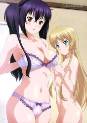Rule 34 | &gt;:(, 2girls, :o, absurdres, annoyed, aqua eyes, arms behind back, ass, azuma kazutoshi, blonde hair, blue eyes, blue hair, blunt bangs, blush, bow, bow bra, bow panties, bra, breast envy, breasts, brown eyes, cameltoe, cleavage, closed mouth, collarbone, covering privates, covering breasts, cowboy shot, duplicate, from side, frown, groin, hair between eyes, hair over shoulder, head tilt, highres, hime cut, hip focus, indoors, isuca, jealous, lace, lace-trimmed bra, lace-trimmed panties, lace trim, large breasts, lingerie, long hair, looking at another, looking at viewer, looking back, megami deluxe, megami magazine, multiple girls, navel, nude, official art, page number, panties, parted lips, pink bra, purple bow, purple bra, purple hair, purple panties, red eyes, scan, shimazu sakuya, shimazu suseri, sideboob, sidelocks, small breasts, standing, twintails, underwear, underwear only, undressing, v-shaped eyebrows, very long hair, white bra