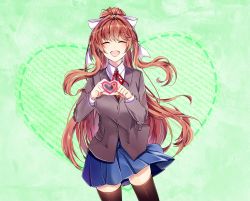 Rule 34 | 1girl, :d, artist request, black thighhighs, blue skirt, blush, brown hair, closed eyes, collared shirt, cowboy shot, doki doki literature club, facing viewer, green background, grey jacket, hair ribbon, heart, heart background, heart hands, jacket, long hair, long sleeves, monika (doki doki literature club), neck ribbon, open mouth, pleated skirt, ponytail, red ribbon, ribbon, school uniform, shirt, skindentation, skirt, smile, solo, standing, thighhighs, very long hair, vest, white ribbon, white shirt