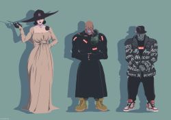 Rule 34 | 1girl, 2boys, alcina dimitrescu, beige dress, beige footwear, black hair, black headwear, black jacket, black pants, boots, capcom, character request, clenched teeth, coat, drip (meme), duster coat, green eyes, hair behind ear, hat, jacket, looking at viewer, meme, multiple boys, nemesis (resident evil), new york yankees, nike (company), own hands together, pants, parted lips, resident evil, resident evil village, shoes, sneakers, sun hat, supreme (brand), sweatpants, teeth, tyrone