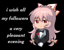 Rule 34 | 1girl, black background, black bow, black bowtie, black suit, black vest, bow, bowtie, closed mouth, crossdressing, english text, engrish text, formal, fujiwara no mokou, gloves, grey hair, hair bow, half-closed eyes, i wish all lesbians a very pleasant evening (meme), jokanhiyou, lapels, long hair, long sleeves, looking at viewer, lowres, meme, multiple bows, parody, ranguage, red eyes, shawl lapels, shirt, simple background, smile, solo, suit, touhou, upper body, v arms, vest, white bow, white gloves, white shirt