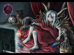Rule 34 | 10s, 1girl, 2015, barefoot, bed sheet, cable, chips (food), colored skin, controller, cookie, crumbs, demon girl, demon horns, demon wings, dualshock, eating, eldritch abomination, extra arms, extra eyes, extra mouth, feet, food, game controller, gamepad, grey skin, hair between eyes, horns, indoors, letterboxed, long hair, maxa&#039;, messy hair, multitasking, naked sheet, on bed, oreo, original, playstation controller, popcorn, portal (object), potato chips, red eyes, remote control, saliva, silver hair, skull, soles, solo, stuffed animal, stuffed toy, teddy bear, television, toes, tongue, under covers, watching television, wings