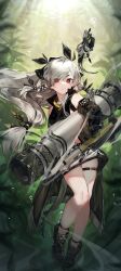 Rule 34 | absurdres, ankle strap, arknights, cannon, detached sleeves, dress, full body, gloves, grey hair, hairband, highres, leaf (arknights), long hair, low-tied long hair, red eyes, ribiadan, see-through, see-through skirt, single glove, skirt, sleeveless, sleeveless dress, tail, thick eyebrows, thigh strap, underwater, very long hair, weedy (arknights)