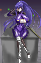Rule 34 | 1girl, absurdres, action taimanin, akiyama rinko, bodysuit, breasts, cleavage cutout, clothing cutout, full body, highres, large breasts, long hair, ponytail, purple hair, sitting, smile, solo, sword, taimanin (series), taimanin rpgx, taimanin suit, taimanin yukikaze, very long hair, weapon, wide hips