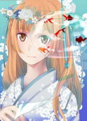 Rule 34 | 10s, 1girl, blunt bangs, brown eyes, fish, floral background, floral print, flower, hime cut, inari konkon koi iroha., japanese clothes, kimono, light smile, long hair, looking at viewer, ootsuki tooru, see-through, solo, sumizome akemi, unmoving pattern, upper body, wind chime