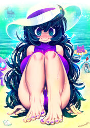 Rule 34 | 1girl, @ @, ahoge, ass, beach, bikini, black hair, blue eyes, blue hair, blush, breasts, cameltoe, closed mouth, colored sclera, creatures (company), curly hair, facing viewer, feet, feet together, female focus, floaty, foot focus, full body, game freak, gen 1 pokemon, gen 3 pokemon, gen 7 pokemon, gengar, ghost, grin, hair between eyes, hakkasame, hat, hex maniac (pokemon), huge breasts, inflatable armbands, knees up, lapras, large breasts, legs, long hair, looking at viewer, multicolored clothes, multicolored hat, nail polish, nintendo, no shoes, no socks, on floor, one-piece swimsuit, outdoors, pokemon, pokemon (creature), pokemon xy, purple bikini, purple hat, purple nails, purple one-piece swimsuit, purple toenails, red sclera, ringed eyes, sableye, sand, sandygast, seashell, shell, simple background, sitting, skin tight, sleeveless, smile, solo, solo focus, summer, sun hat, sweat, swimsuit, teeth, thighs, toes, turtleneck, turtleneck swimsuit, very long hair, water, wavy mouth, white hat, wide-eyed
