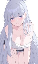 Rule 34 | black shorts, blue archive, dolphin shorts, grey hair, halo, highres, long hair, mechanical halo, noa (blue archive), off shoulder, purple eyes, reia 76, shorts, signature, smile, tank top, very long hair, white tank top