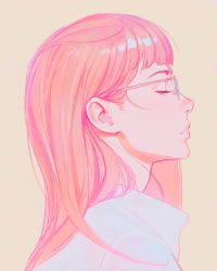 Rule 34 | 1girl, blunt bangs, brown hair, close-up, closed eyes, closed mouth, glasses, highres, ilya kuvshinov, lips, long hair, original, profile, simple background, solo, yellow background