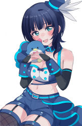 Rule 34 | 1girl, :d, asaka karin, bare shoulders, black hair, blue eyes, blue shorts, blush stickers, breasts, bridal gauntlets, buttons, cleavage, cowboy shot, cream (nipakupa), crop top, elbow gloves, fishnet thighhighs, fishnets, garter straps, gloves, hat, holding, holding stuffed toy, looking at viewer, love live!, love live! nijigasaki high school idol club, medium breasts, midriff, mini hat, mini top hat, mole, mole on collarbone, navel, open mouth, short hair, shorts, sidelocks, simple background, sitting, sleeveless, smile, solo, stomach, stuffed animal, stuffed toy, tank top, thighhighs, top hat, white background, wrist cuffs