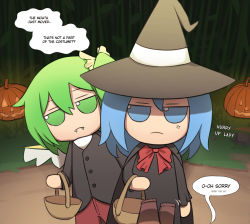 Rule 34 | 2girls, alternate costume, anger vein, basket, black dress, blue eyes, blue hair, buttons, candy, chocolate, cirno, commentary, daiyousei, dark, dress, english commentary, english text, fairy wings, fangs, food, fumo (doll), green eyes, green hair, halloween, halloween costume, hat, hat ribbon, highres, holding, jack-o&#039;-lantern, long sleeves, mata (matasoup), multiple girls, red neckwear, ribbon, short hair, side ponytail, smile, standing, touhou, trick or treat, wings, witch hat