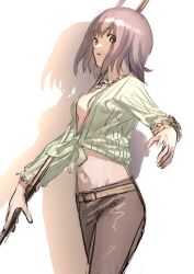 Rule 34 | 1girl, absurdres, alternate breast size, belt, breasts, brown belt, brown eyes, brown hair, brown pants, cleavage, commentary, doya (doya oekaki), dress shirt, friulian spear, from side, green shirt, groin, highres, holding, holding polearm, holding staff, holding weapon, itsuwa, jewelry, long sleeves, looking at viewer, looking to the side, low neckline, medium hair, midriff, navel, necklace, no bra, no undershirt, open clothes, open shirt, outstretched arm, pants, parted lips, polearm, raised eyebrows, shadow, shirt, sketch, small breasts, solo, staff, standing, striped clothes, striped shirt, tied shirt, toaru majutsu no index, toaru majutsu no index: old testament, unbuttoned, vertical-striped clothes, vertical-striped shirt, weapon, white background